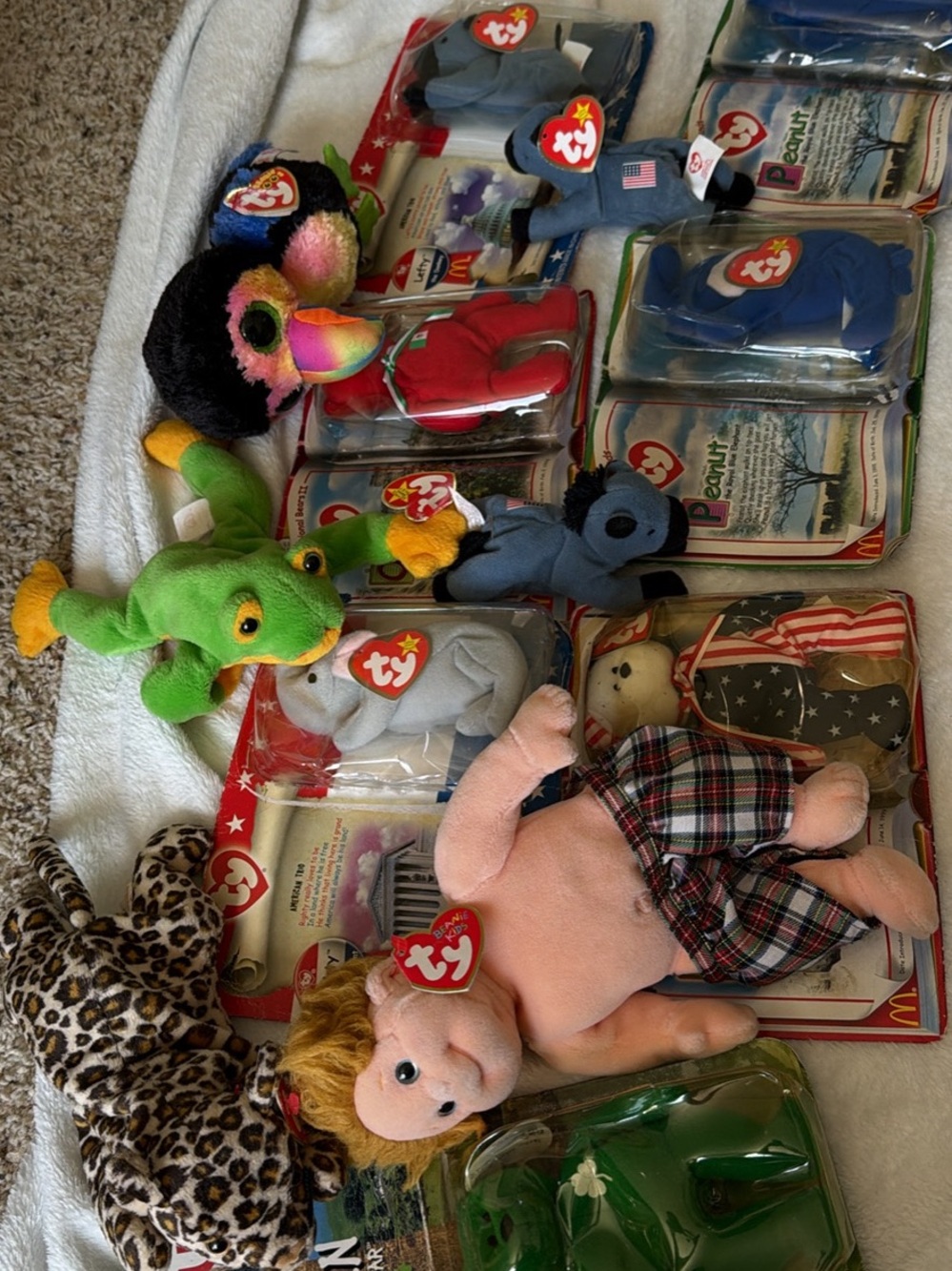 Ty Plush Lot with Green Frog, Pink Doll, Black Toucan & Blue Bears